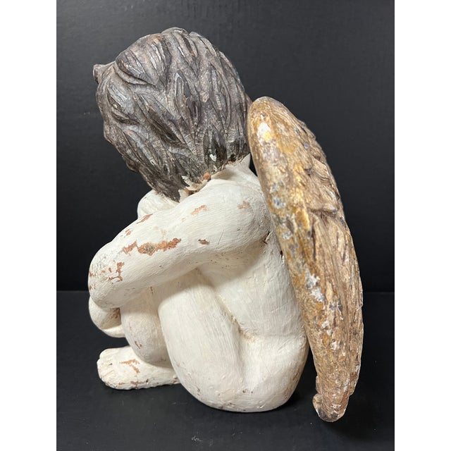 Late 20th Century Vintage Carved Solid Wood Sitting Angel With Glass Eyes Sculpture For Sale - Image 5 of 8