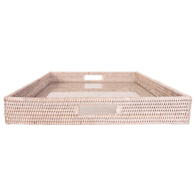 Boho Chic Artifacts Rattan Square Serving Ottoman Trays with Glass Insert in White, Large For Sale - Image 3 of 3