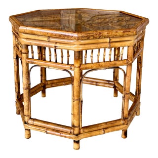 Mid-20th Century Coastal Burnt Bamboo Chippendale Octagon Side Table For Sale