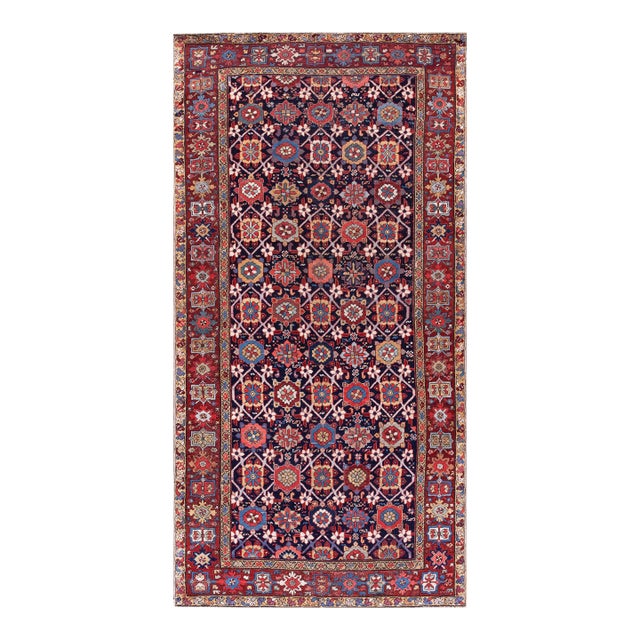 Attractive Antique Persian Rug With Mina Khani Pattern on Navy Background Color and Burgundy Border For Sale