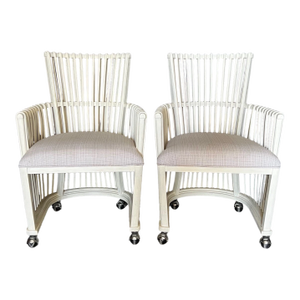 White Bent Rattan Side or Club Chairs on Casters -A Pair