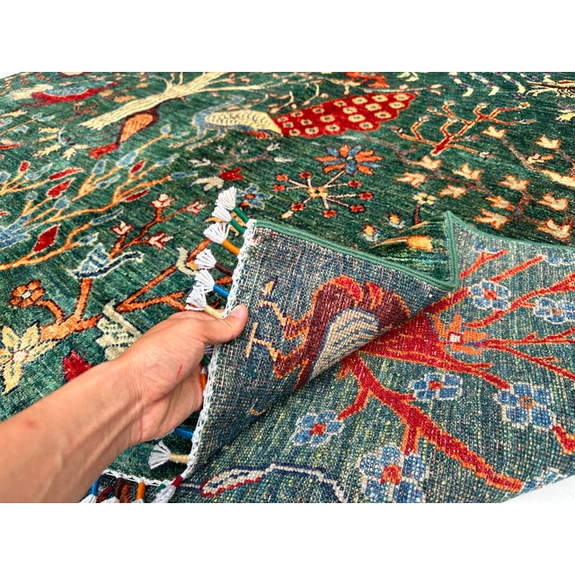 Green Afghan Pictorial Peacock & Bird Garden Hand-Knotted Wool Rug - 9'11" X 6'6" For Sale - Image 11 of 12