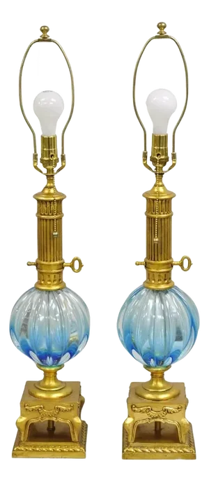 Late 20th Century Decorator Modern Italian Murano Style Blue Blown Glass Gold Table Lamp - A Pair