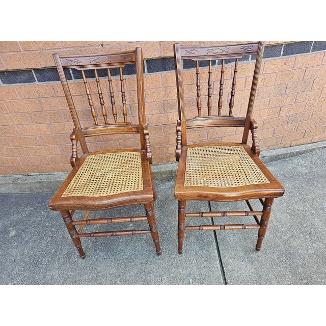 Victorian Pair of Victorian Walnut Carved and Spindle Cane Seat Side Chairs For Sale - Image 3 of 10