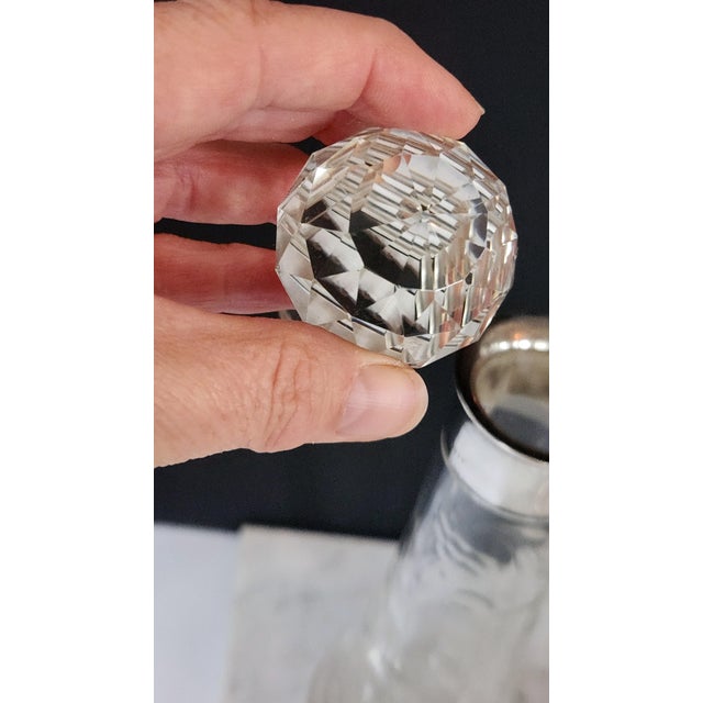 Antique English Sterling Silver & Cut Crystal Decanter Pair — 1899 Birmingham j.g & S Hallmarked, Etched Floral Pattern, Edwardian Bar Cart Accents For Sale - Image 11 of 16