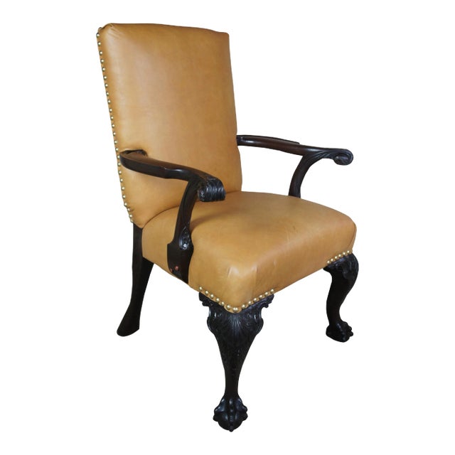 Antique 19th C English Chippendale Arm Chair Carved Mahogany Leather Ball Claw For Sale