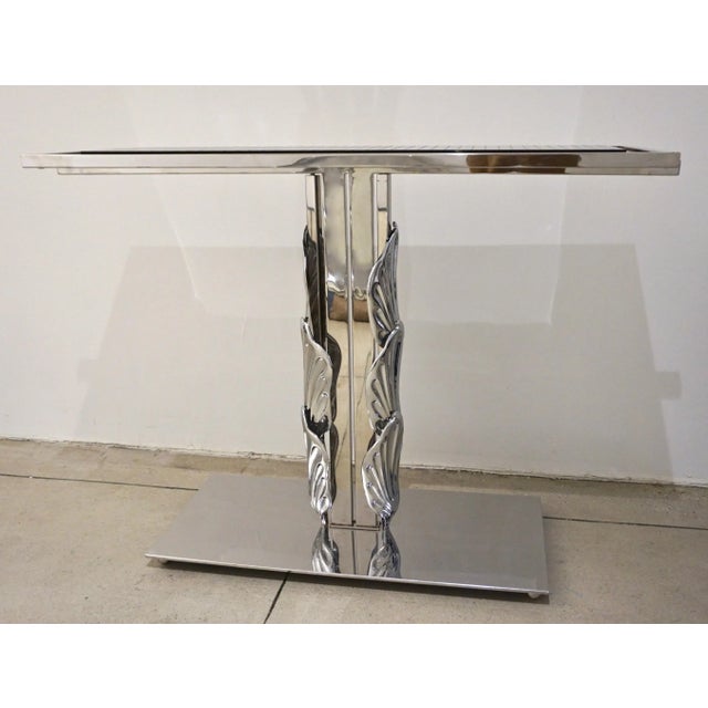 Italian Contemporary Polished Chrome and Black Glass Console With Shell Motif For Sale - Image 4 of 10