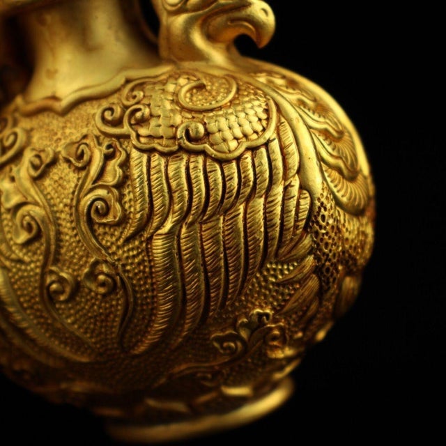 Copper Early 20th Century Gilt Copper Double-Phoenix Snuff Bottle, Engraved, 2.6" Tall For Sale - Image 8 of 9