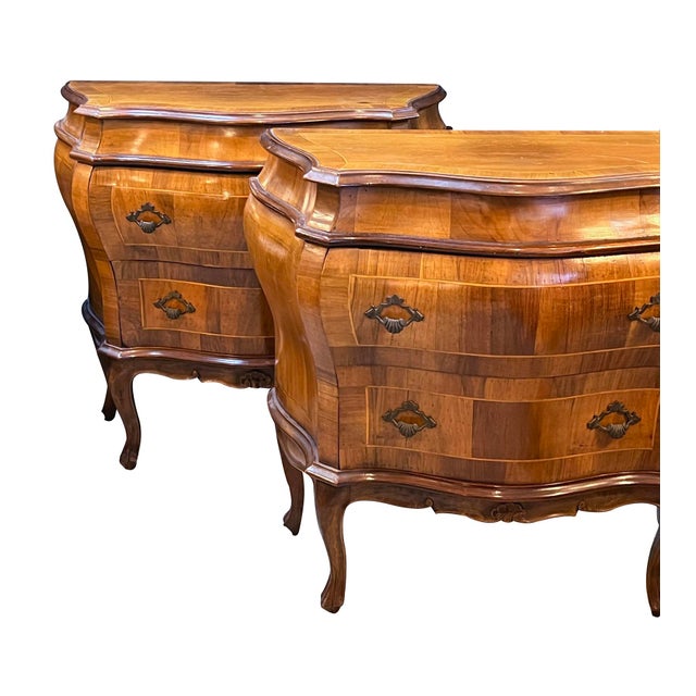 1930s Pair Italian Rococo Style Bombe-Form Two-Drawer Olivewood Chests/Nightstands For Sale In San Francisco - Image 6 of 9
