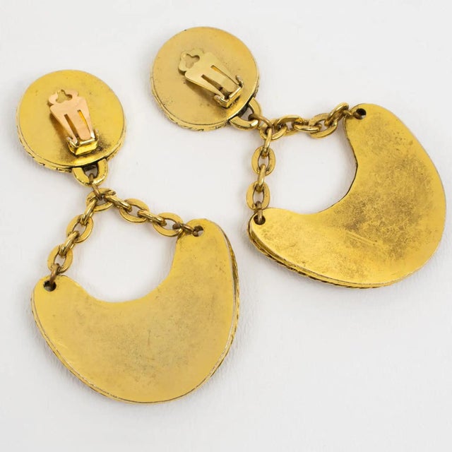 1990s Mercedes Robirosa Style Gilded Metal Clip Earrings with Glass Cabochons For Sale - Image 5 of 8