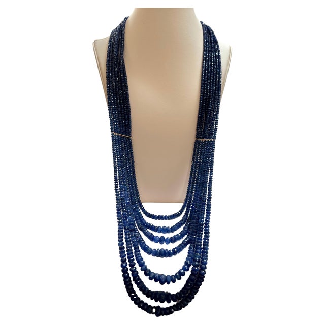 1200 Carat Natural Sapphire Bead Seven Strand Necklace 14k Gold with Spacer, 32 For Sale - Image 15 of 18