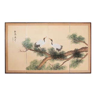 C. 1970s Chinese Painted Folding Screen "Big Old Pine Tree and Two Cranes" For Sale