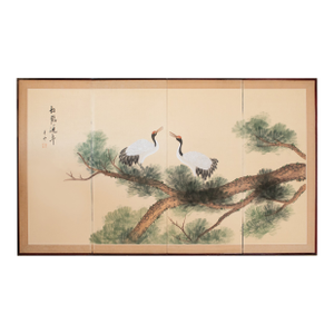 C. 1970s Chinese Painted Folding Screen "Big Old Pine Tree and Two Cranes"