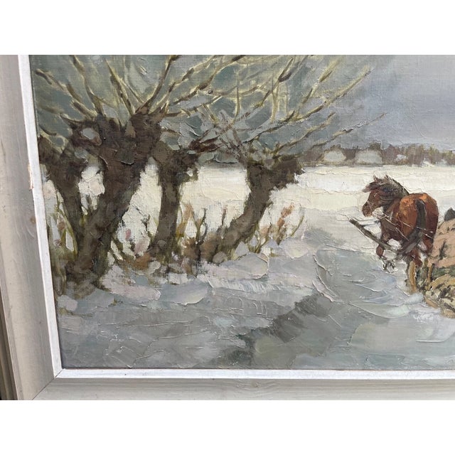 Large Vintage Feliks Dolgan Polish Winter Horse Sled Snow Landscape Oil Painting For Sale In New York - Image 6 of 13