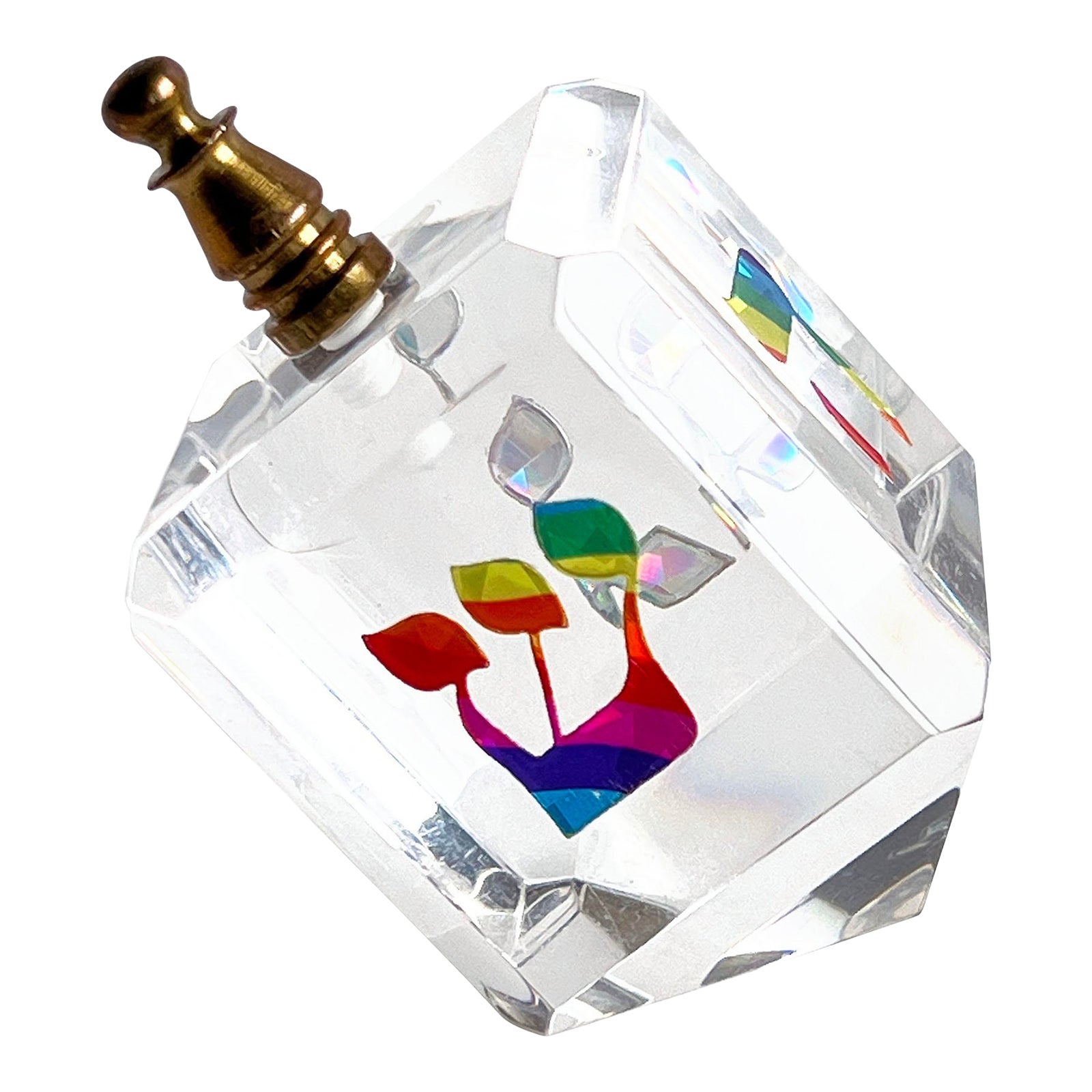Faceted Lucite Dreidel With Colorful Prismatic Design and Brass Spinner