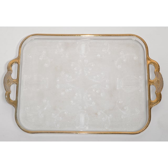 Jeannette Glass 1950s Jeannette Glass Crystal Gold Ruffled Edge Tray Platter Musical Harp Instruments Decor For Sale - Image 4 of 12