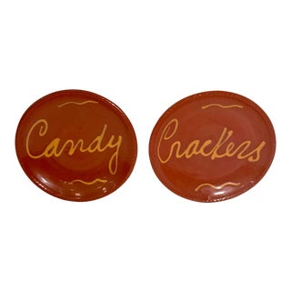 Vintage Mid-Century Terra Cotta Slip Design Snack Plates - A Pair For Sale