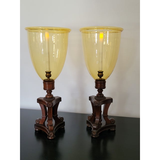 Mid 20th Century Vintage Pair of Amber Glass and Wood Photophores Hurricane Lamps For Sale - Image 5 of 6