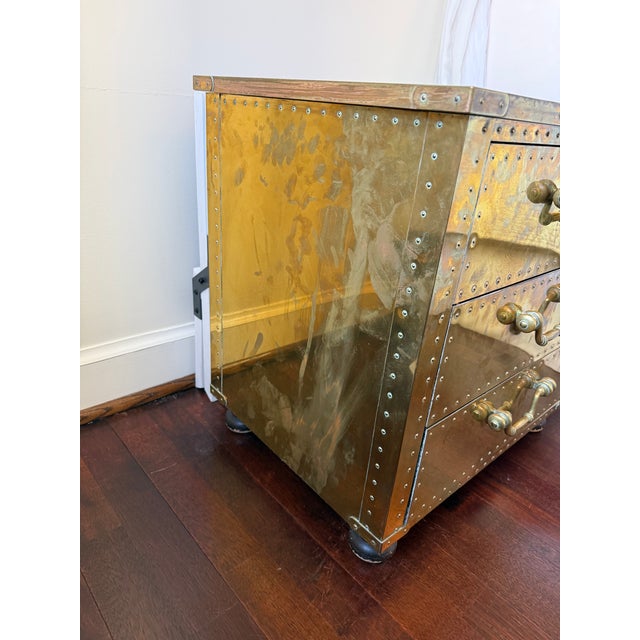 Traditional Brass Three Drawer Side Table With Rivets For Sale - Image 3 of 7