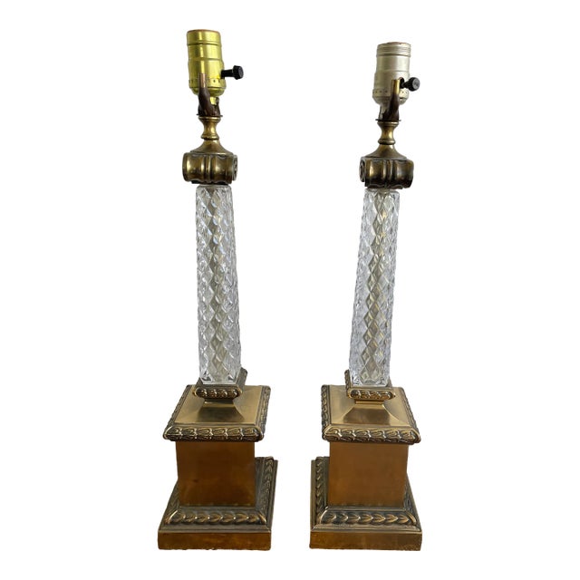 Pair of Mid Century Glass Column Table Lamps - Hollywood Regency For Sale