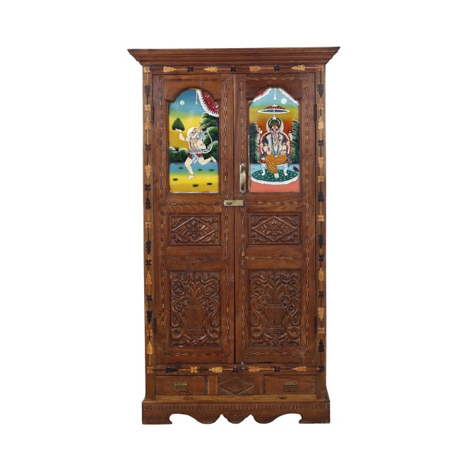 1900 - 1909 Antique Indian Carved Teakwood, Marquetry, and Painted on Glass Panels Armoire For Sale - Image 5 of 7