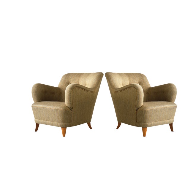 Set of Sculptural Armchairs in Beech and Wool by Gustav Axel Berg, Sweden, 1940s For Sale