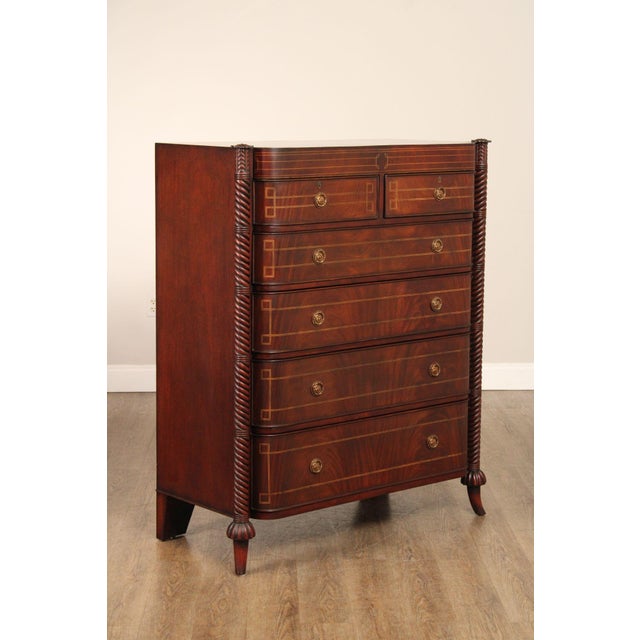 High Quality American Made Mahogany Edwardian or Hepplewhite Style Tall Chest with Inlaid Drawer Fronts, Carved Rope...
