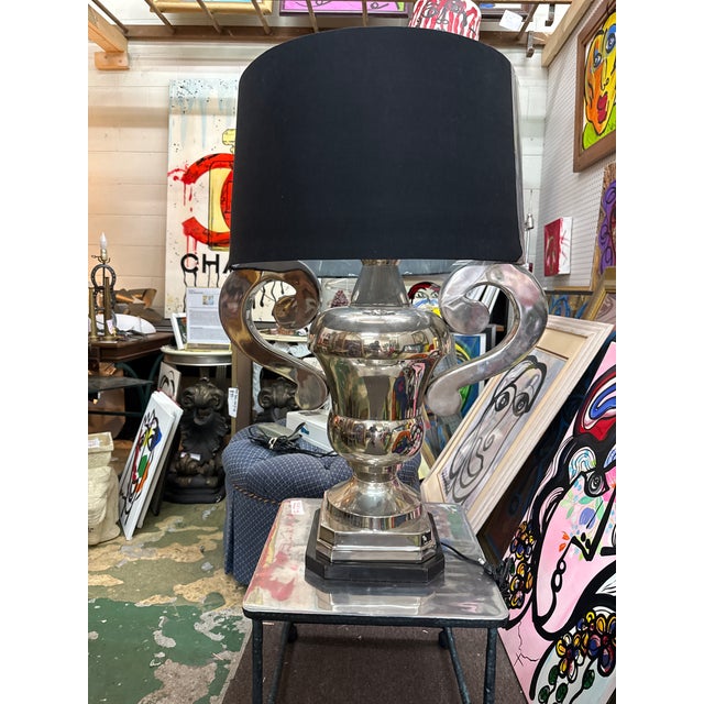 Monumental Large Scale Nickel Plated Urn table lamp.this beautiful lamp is comprised of nickel plated chrome with marble...