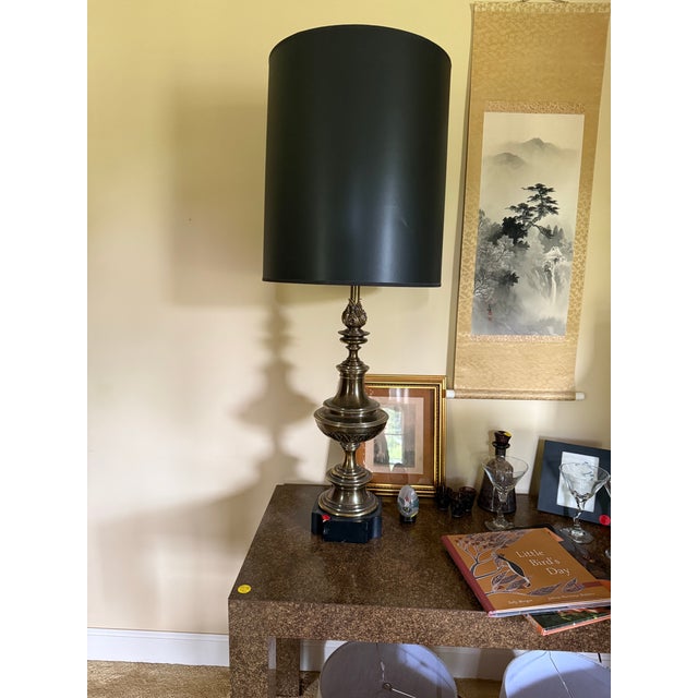 Curated Pair of Monumental Vintage Stiffel Neoclassical Brass Table Lamps With Custom Black Shades For Sale - Image 9 of 11