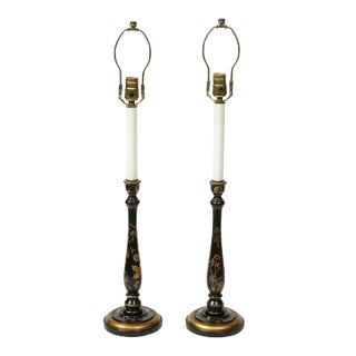 Pair of Georgian Style Black and Gilt Candlestick Table Lamps For Sale