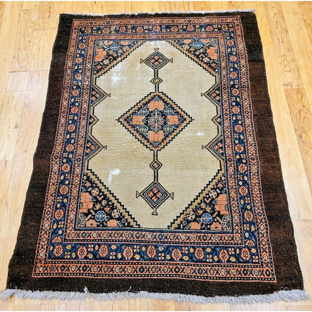Antique Serab Area Rug, Hand-Knotted Wool, Geometric Medallion Pattern, Camel Hair & Brown, 4x5 For Sale - Image 10 of 18