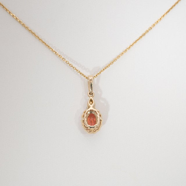 Metal Aaa Padparadscha Sapphire Pendant With Natural Diamonds: Solid 14k Gold, 6x4mm For Sale - Image 7 of 7