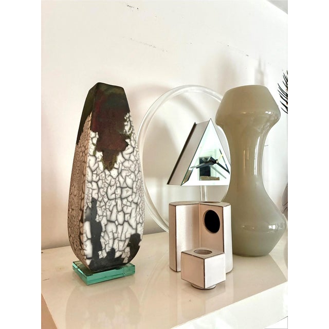 a Signed Raku fired vintage 1980s post Modern black white green stoneware studio art pottery candle holder decorative...