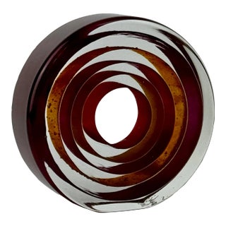 1980s Signed Vintage Modern Round Around Art Glass Sculpture With Layered Ribbons of Deep Orange & Purple For Sale