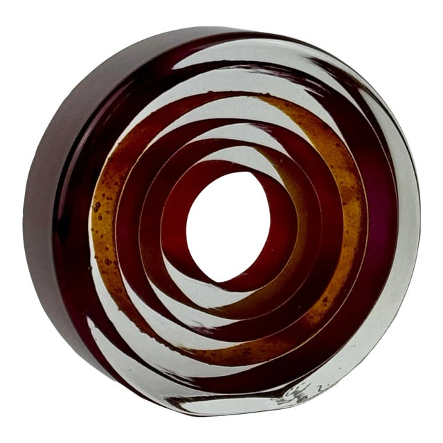 1980s Signed Vintage Modern Round Around Art Glass Sculpture With Layered Ribbons of Deep Orange & Purple For Sale