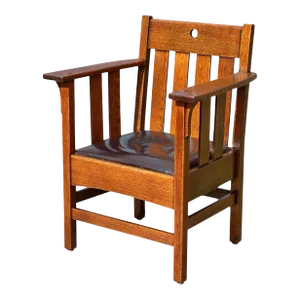 Early 20th Century Antique Arts & Crafts Mission Oak Craftsman Style Armchair With Leather Seat