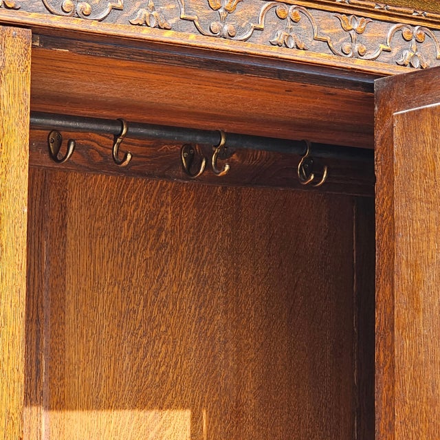 Antique Victorian Oak Wardrobe | Armoire | 3-Piece Knockdown | Beveled Mirror | Key | 19th Century For Sale - Image 6 of 18