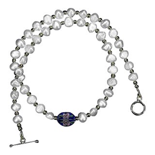 Ajd 19 Inch Double Shine White Pearl Necklace With Cloisonné Focal For Sale