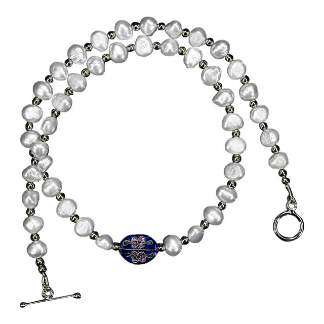 Ajd 19 Inch Double Shine White Pearl Necklace With Cloisonné Focal For Sale