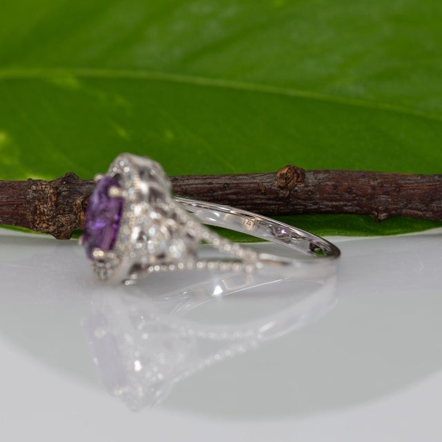1.6Ct Purple Sapphire Ring With Natural Diamond Halo: Solid 14k Gold, Size 6.75 For Sale - Image 11 of 11