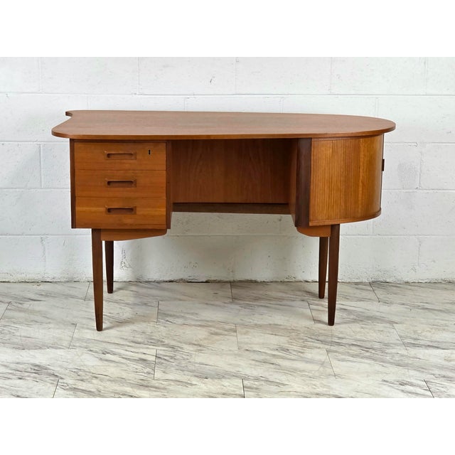 Fabulous Elliptical Teak "Bullet Desk" By Kai Kristiansen For Feldballes Mobelfabrik. 3 Drawers & A Smooth Opening Tambour...