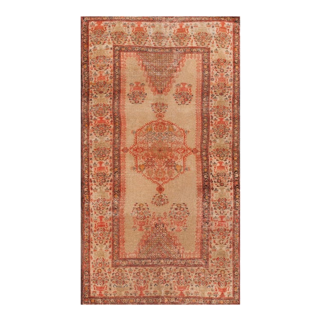 1890s Tan Camel Medallion Antique Persian Farahan Rug 4'3" X 7'9" Handknotted Wool Carpet For Sale