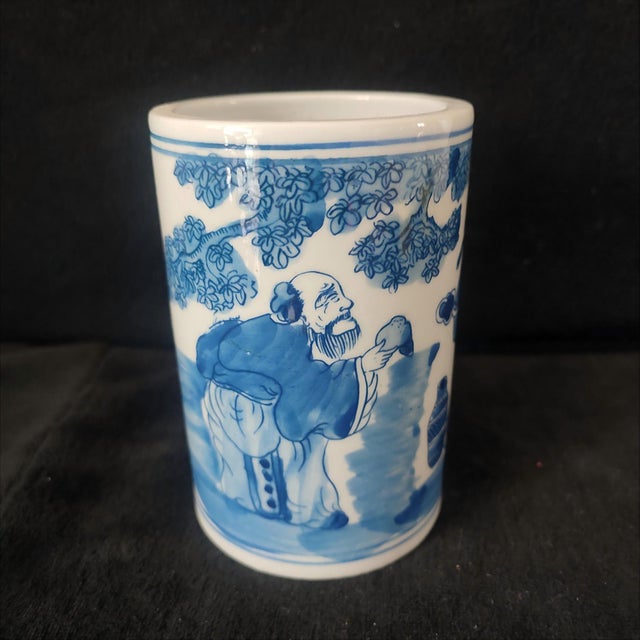 Ceramic Chinese Ceramic Pot,Blue and White Porcelain Brush Pot Hand Painted Figures Story Pattern For Sale - Image 7 of 10