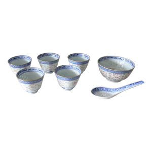 Mid 20th Century Ceramic "Rice Grain" Pattern Cups, Bowl and Spoon Set- 7 Pieces