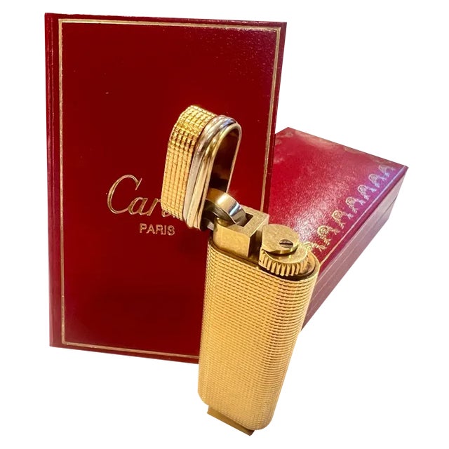Vintage Lighter in Gold Plating with Trinity Circlet & Travel Case from Cartier, 1983, Set of 2 For Sale
