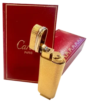 Vintage Lighter in Gold Plating with Trinity Circlet & Travel Case from Cartier, 1983, Set of 2