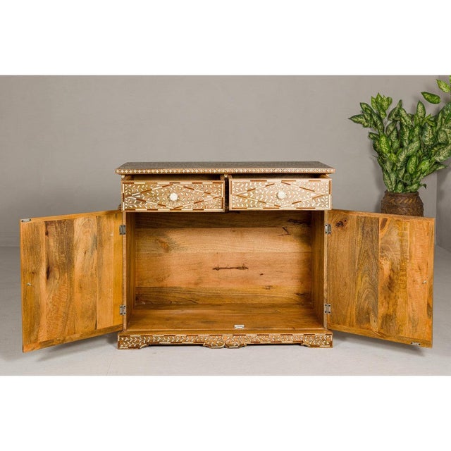 Anglo Style Mango Wood and Bone Inlay Two-Drawer over Two Door Buffet For Sale - Image 10 of 12