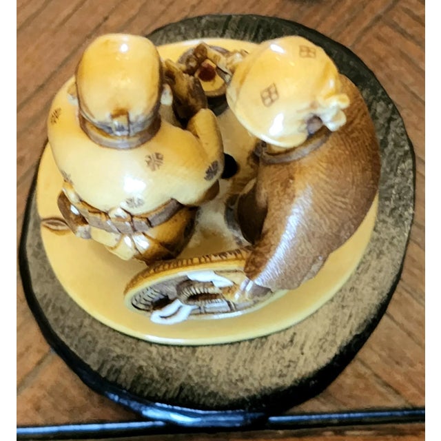 Exquisite Hand Carved Netsuke Figurine of Two Men Travelers For Sale - Image 4 of 12