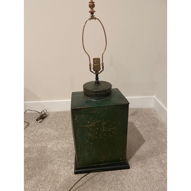 Traditional Antique English Tole Tea Cannister Made Into a Lamp For Sale - Image 3 of 5