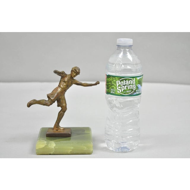 Antique Art Deco Small 6" Bronze Soccer Futbol Player Sculpture Figure on Onyx Base. Circa Early 20th Century....